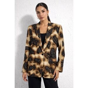 Versailles Vintage Leaf Print Blazer Tan Brown Single Button Made in USA Large